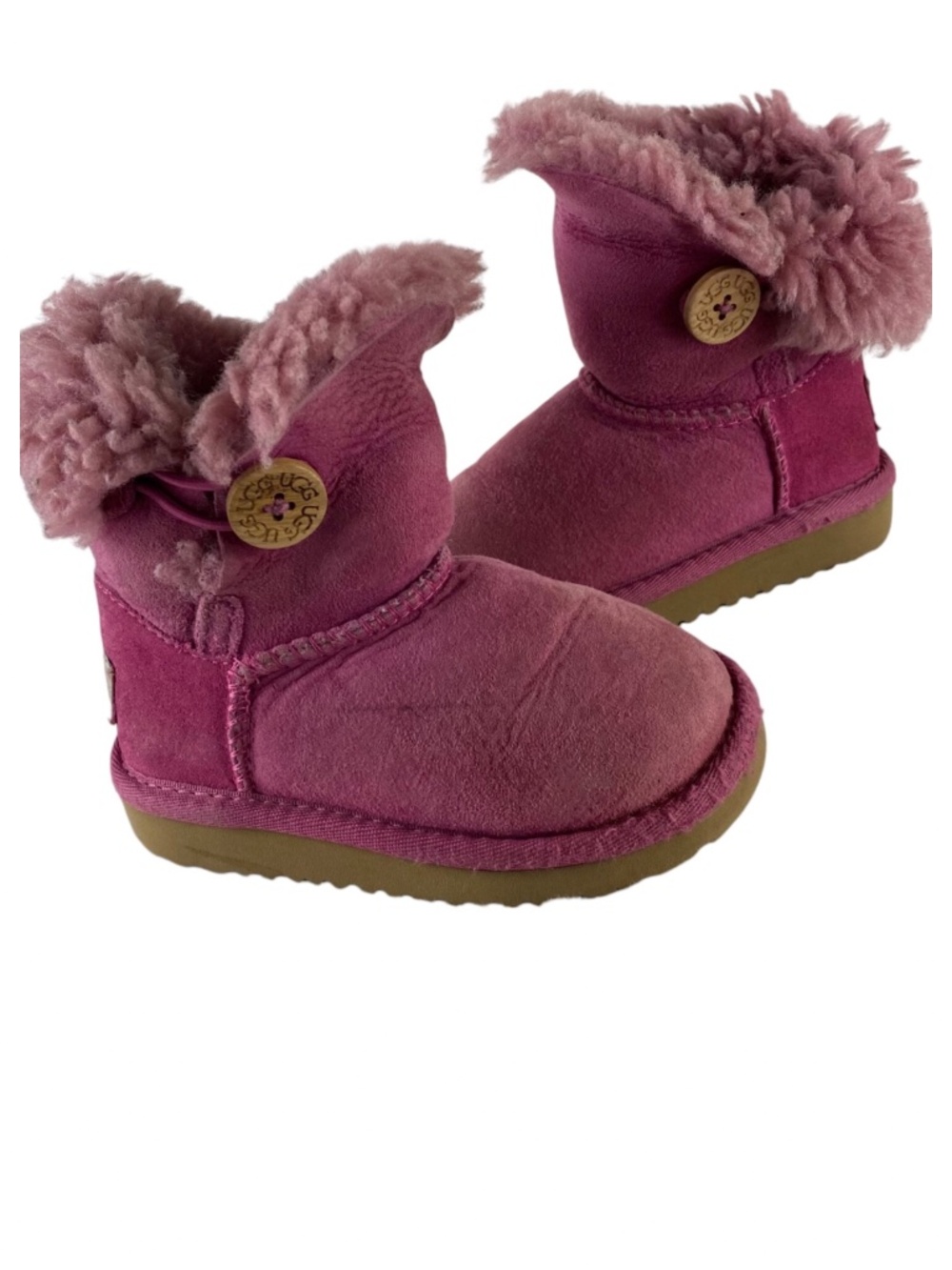 UGG Mini Bailey Button Boots Girls Sz 7 Pink Shearling Fur Lined Suede